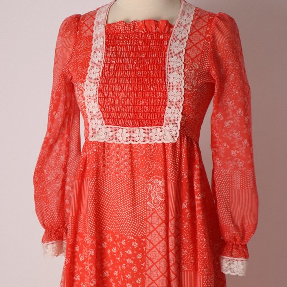 ❄ Vtg Red Prairie Boho Calico Cottage Core Floral Lace Dress Hippie Peasant XS - Picture 4 of 10